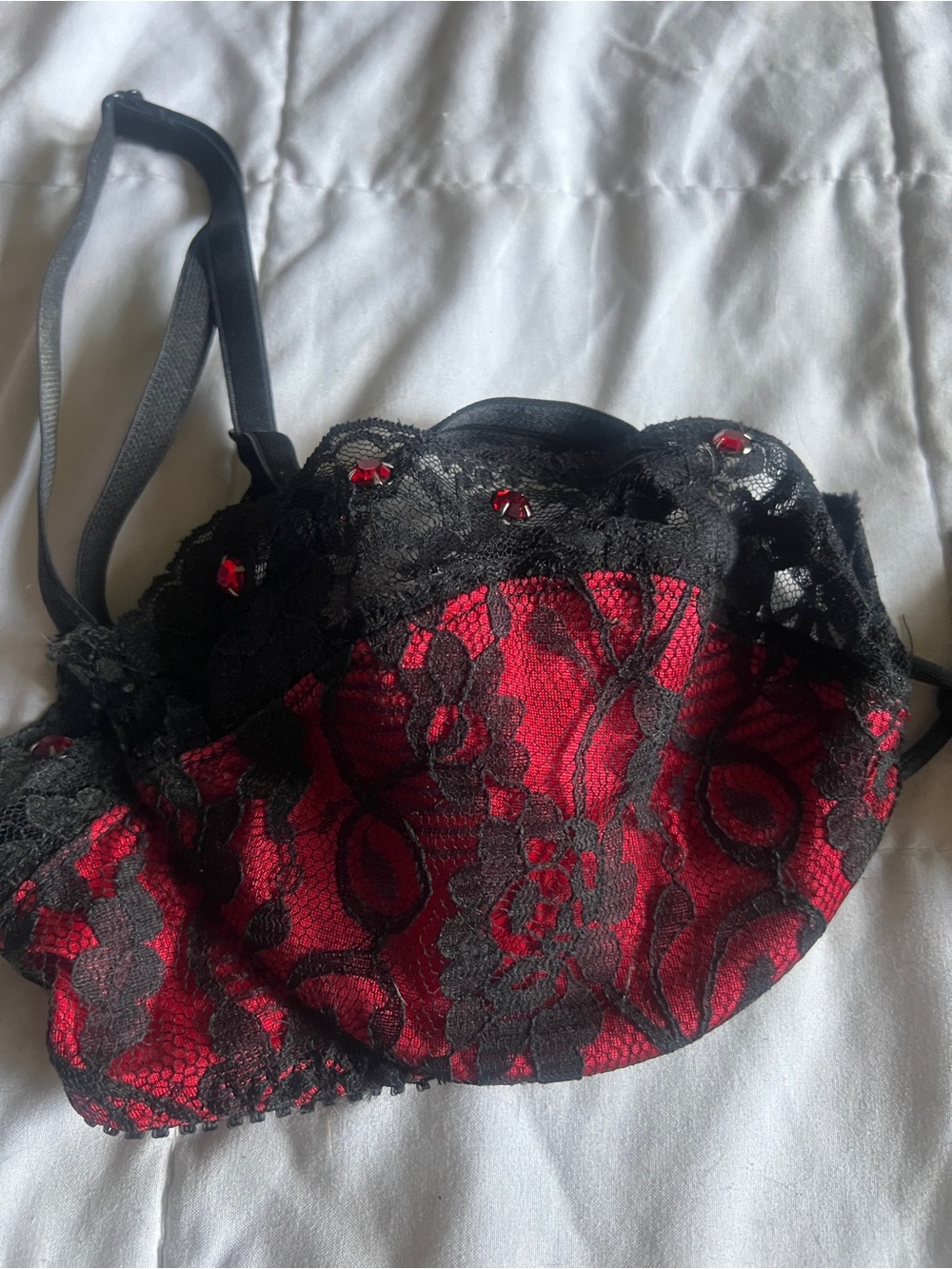 BLACK AND RED VINTAGE LACE BALCONETTE BRA WITH GEMS - Picture 3 of 9